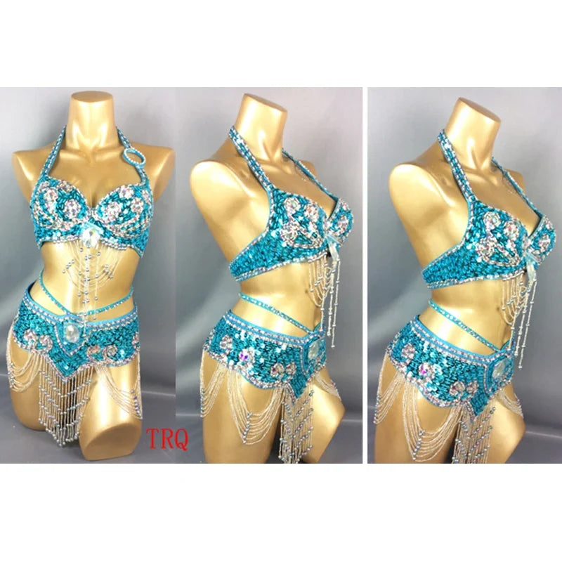The Stardust Azure Goddess – Handmade Turquoise Feathered Samba & Belly Dance Costume Set