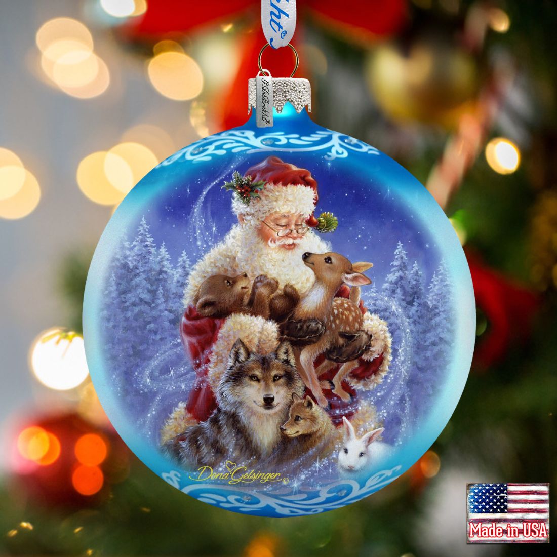 Santa Little Friends Glass Ornament by D. Gelsinger - Christmas Santa Snowman Decor - 71112-9914