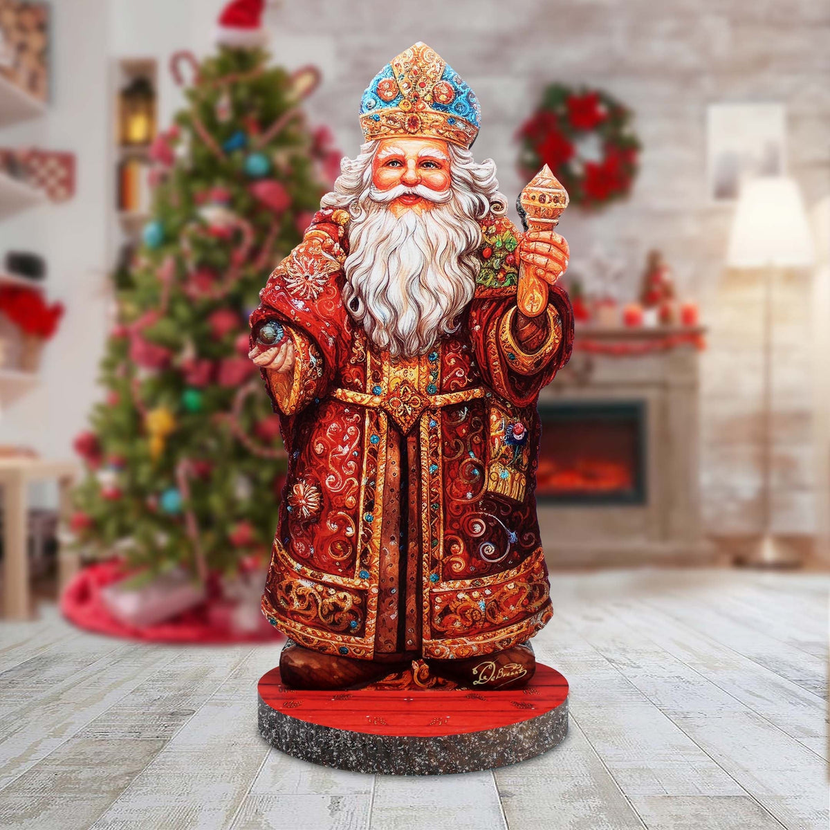 Festive Santa Limited Edition Centerpiece Wooden Figurine by G. Debrekht - Christmas Santa Snowman Decor - 89321