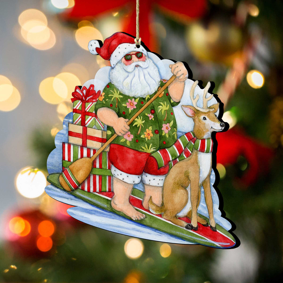 Christmas Decoration Paddleboarding Santa - Handmade Wooden Tree Ornament by Susan Winget - 8471114-SW