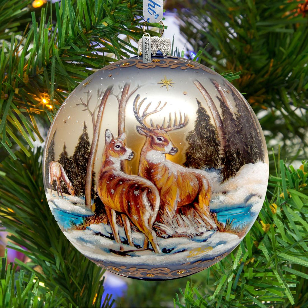Peaceful Greetings Reindeers Ball Glass Ornament Limited Edition by G. DeBrekht - Christmas Decor - 73883