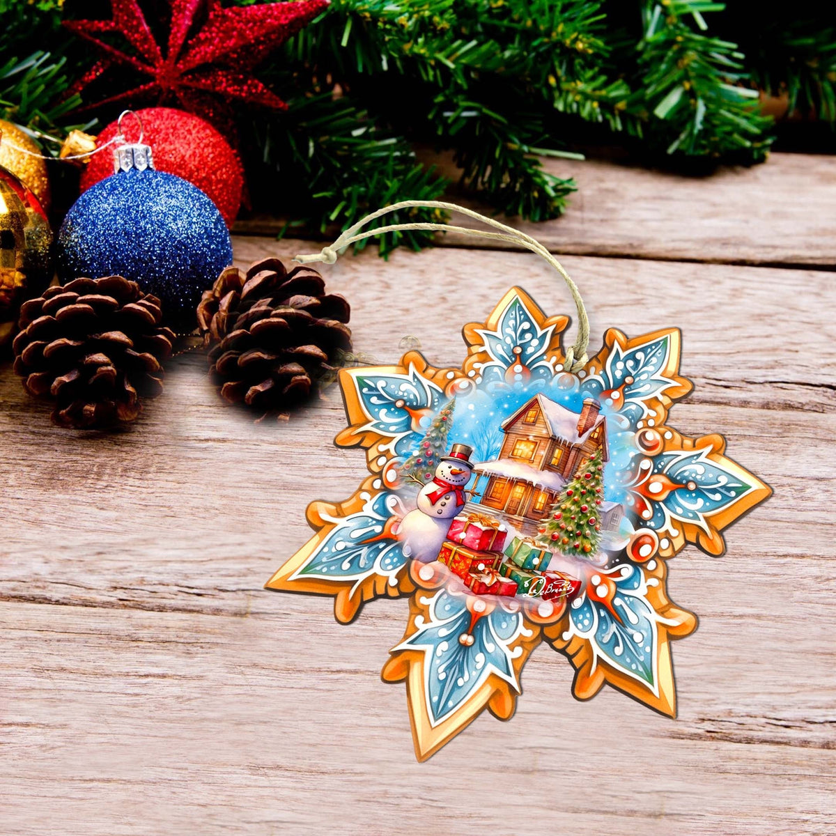 Snowman's Gifts Snowflake Large Wooden Ornament by G. Debrekht - Christmas Santa Snowman Decor - 8688404M