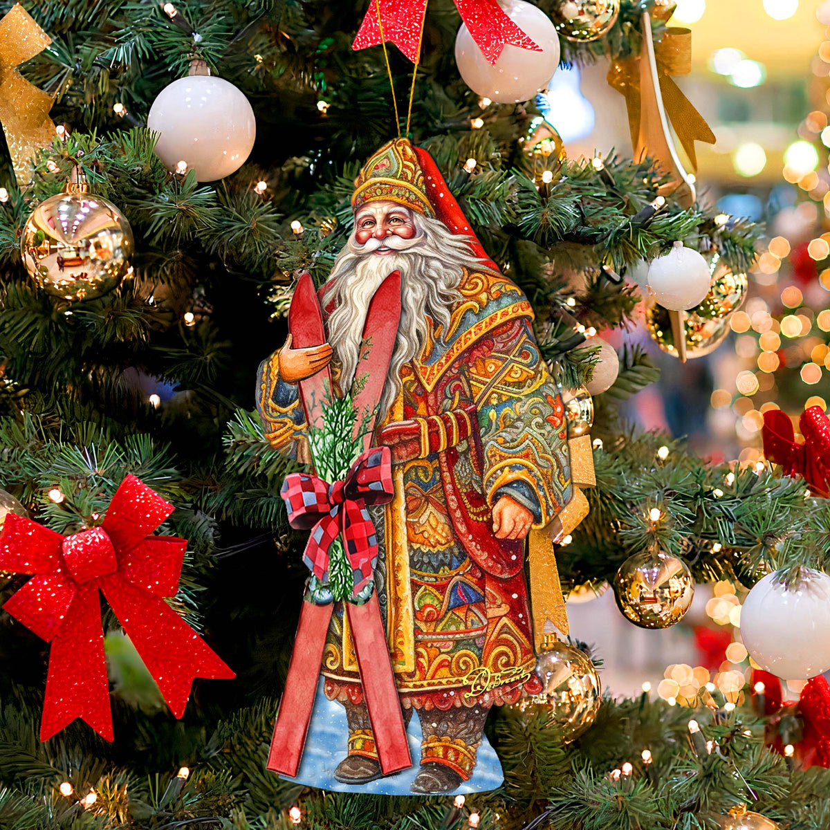 Santa's Skiing Adventure Wooden Ornaments by G. Debrekht - Christmas Santa Snowman Decor - 8691403