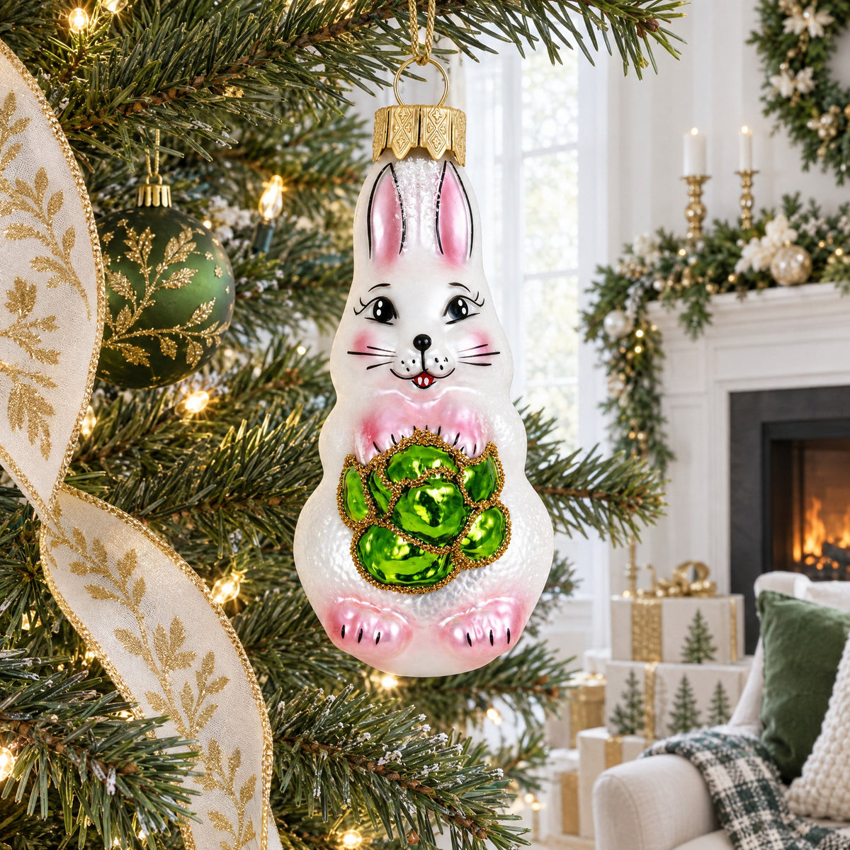 Bunny with Cabbage Glass Christmas Ornament
