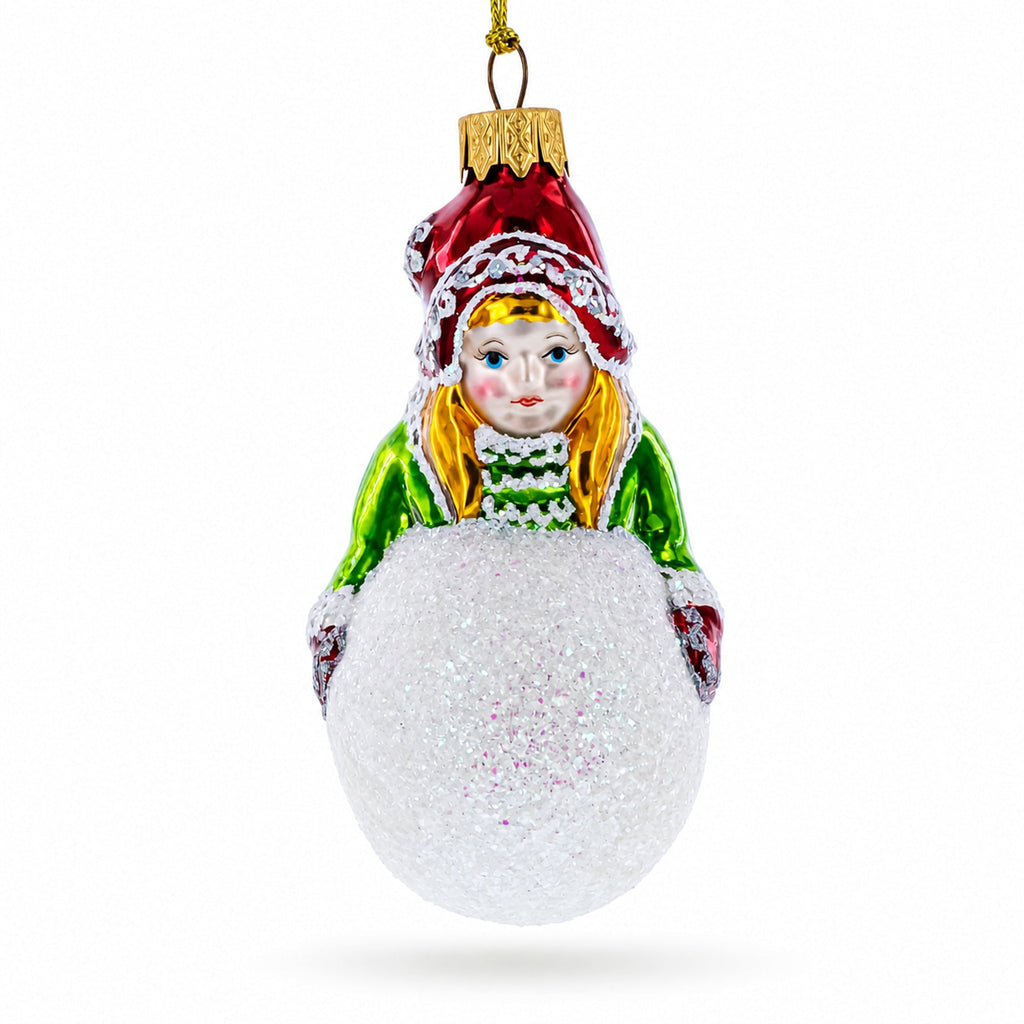 Girl Making a Snowball Glass Christmas Ornament