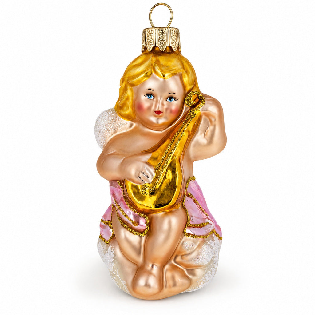 Cherub Angel Musician Playing Golden Mandolin Glass Christmas Ornament