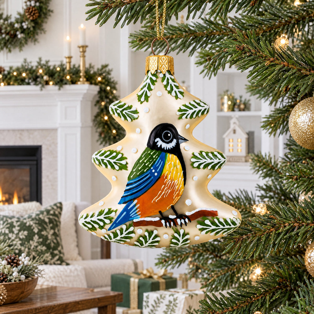 Winter Pine Tree with Songbird Glass Christmas Ornament