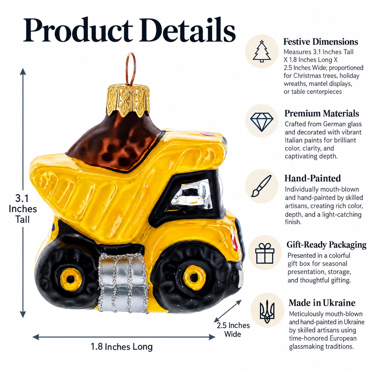 Construction Dump Truck Glass Christmas Ornament