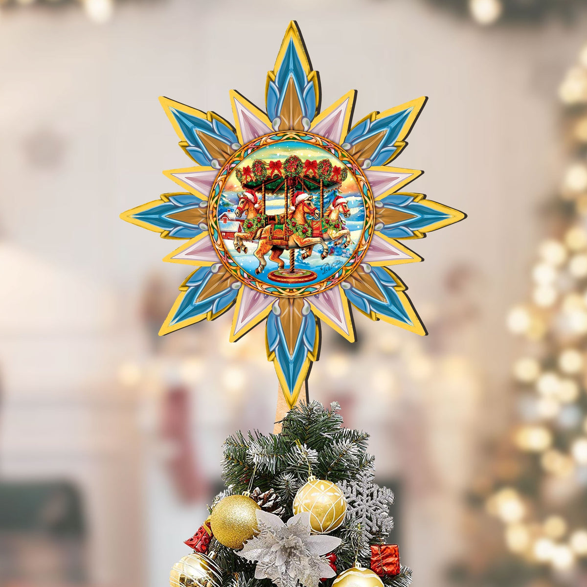 Christmas Carousel Star Tree Topper Wooden Decor by G. Debrekht - Carousel Holiday Decor - 89506