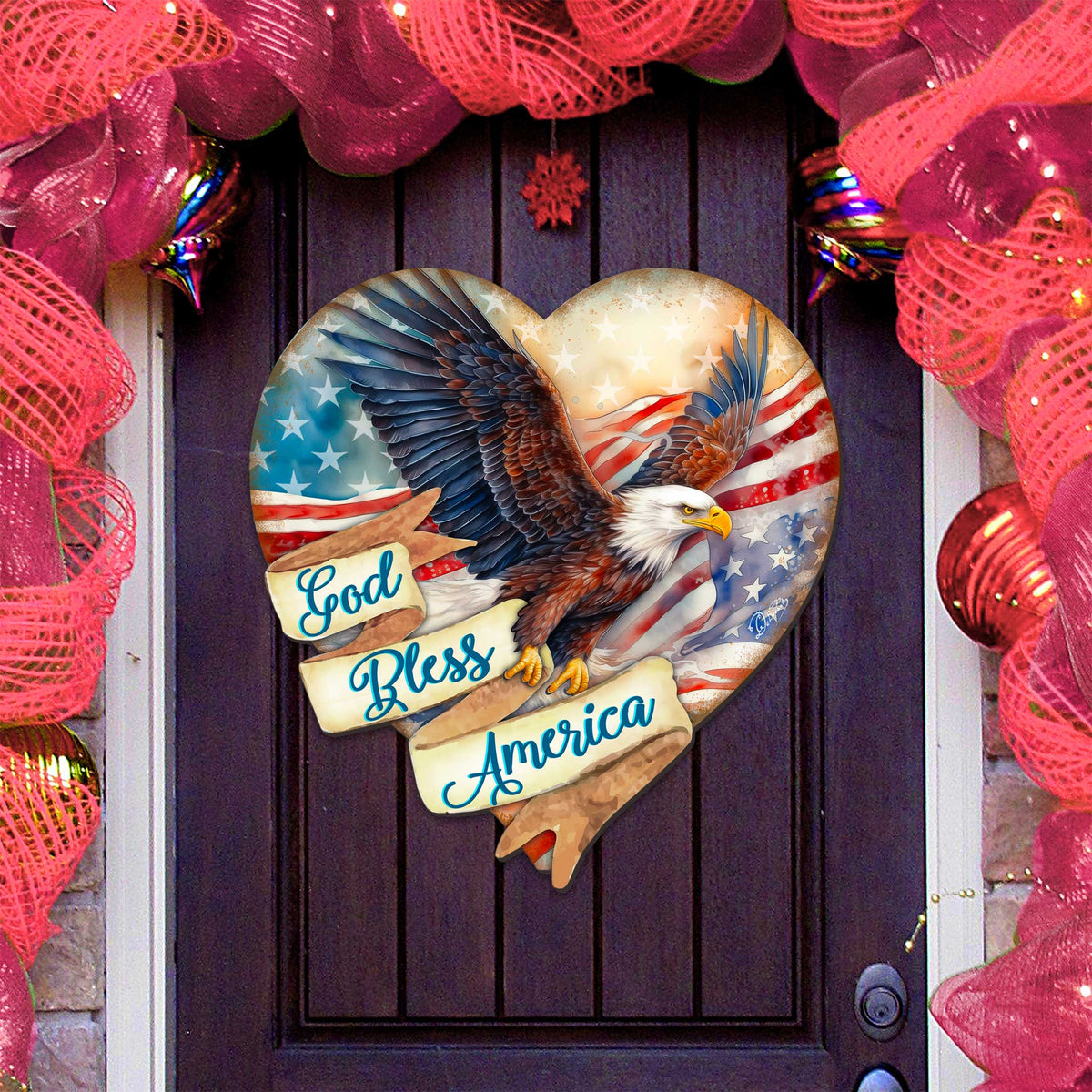 God Bless America Patriotic Eagle Heart Decorative Holiday Door Decor by G. DeBrekht - American Christmas Decor - 8652789H