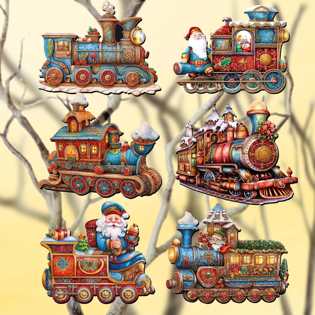 Santa Christmas Train Clip-On Eco Wood Decorative Ornaments Set of 6 by G. Debrekht - Christmas Decor - 8090123C-S6