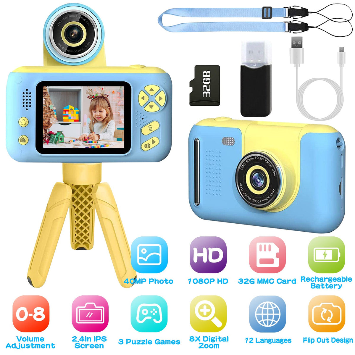 Kids Digital Camera with Flip Lens Children Video Camcorder Christmas Toy Birthday Gifts with Tripod 2.4in Screen 32G MMC Card for 3-10 Year Old Boys