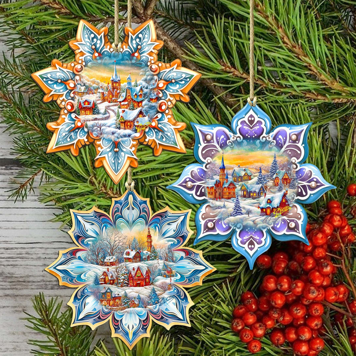 Winter Village Snowflake Eco Wood Ornaments Set of 3 by G. Debrekht - Christmas Decor - 8090146-S3