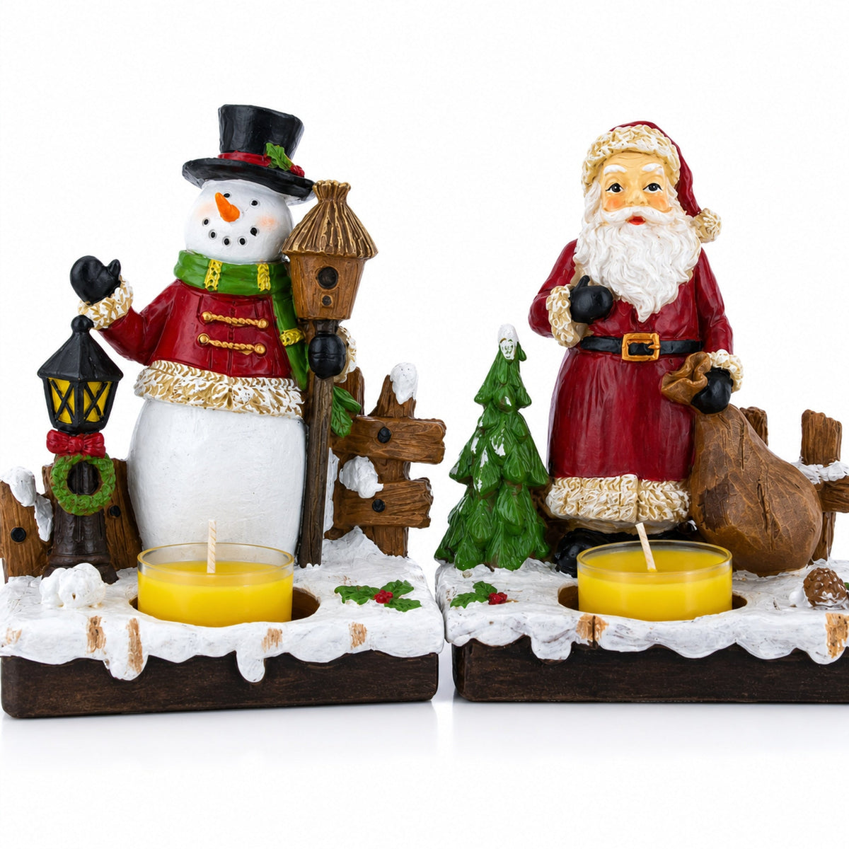 Set of 2 Santa and Snowman Tealight Candle Holders Resin Tabletop Decor