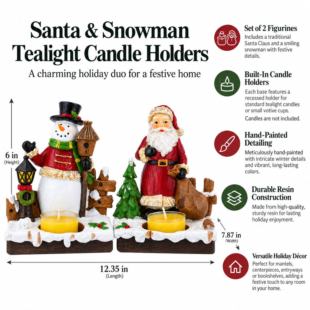 Set of 2 Santa and Snowman Tealight Candle Holders Resin Tabletop Decor