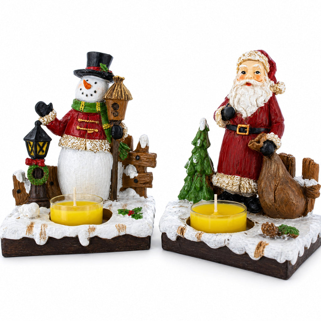 Set of 2 Santa and Snowman Tealight Candle Holders Resin Tabletop Decor