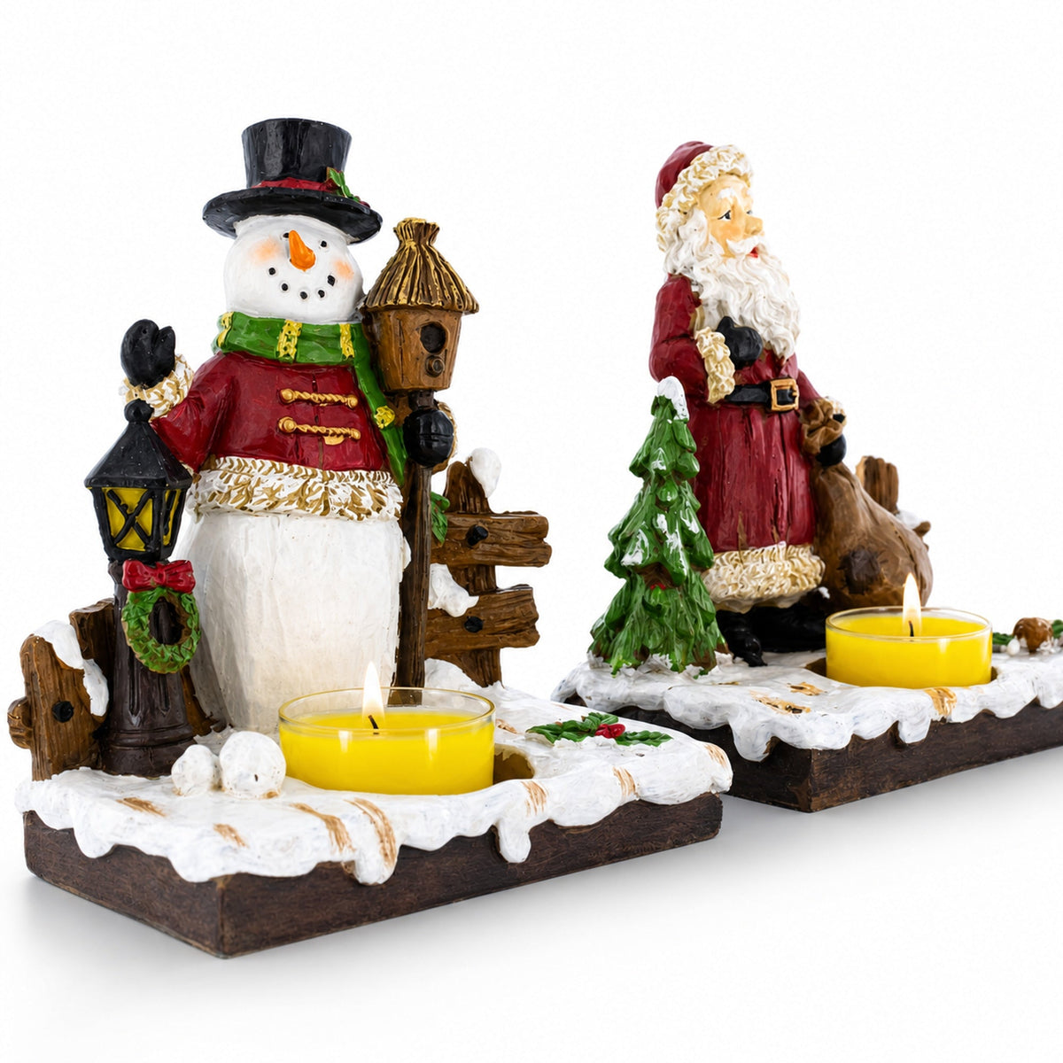 Set of 2 Santa and Snowman Tealight Candle Holders Resin Tabletop Decor