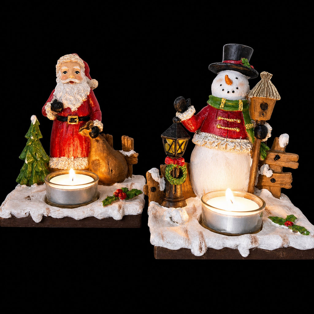 Set of 2 Santa and Snowman Tealight Candle Holders Resin Tabletop Decor