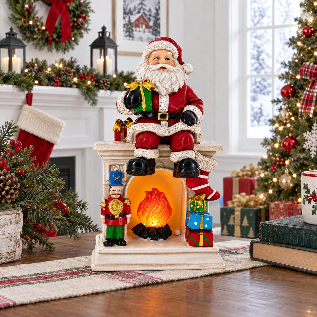 Santa Sitting on a Fireplace LED Lights Figurine 7.75 Inches
