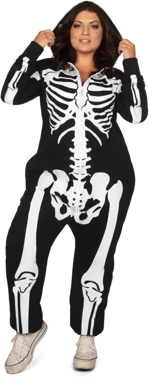 Tipsy Elves Halloween Skeleton Costume for Women - Comfy Easy Adult Onesie Jumpsuit - Front and Back Print with Zip Up Mask
