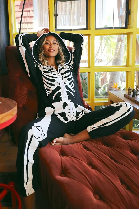 Tipsy Elves Halloween Skeleton Costume for Women - Comfy Easy Adult Onesie Jumpsuit - Front and Back Print with Zip Up Mask