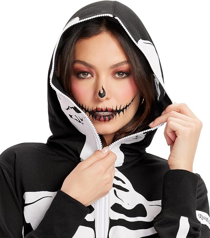 Tipsy Elves Halloween Skeleton Costume for Women - Comfy Easy Adult Onesie Jumpsuit - Front and Back Print with Zip Up Mask