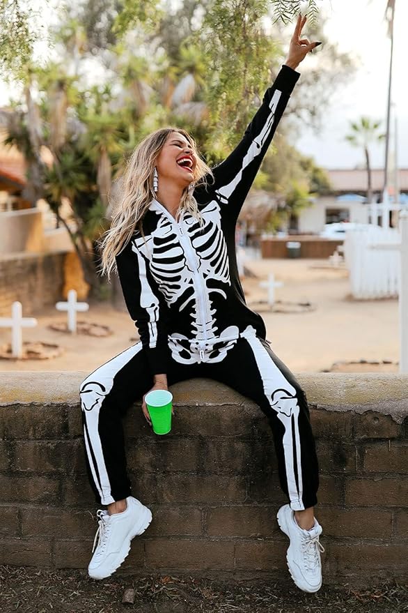Tipsy Elves Halloween Skeleton Costume for Women - Comfy Easy Adult Onesie Jumpsuit - Front and Back Print with Zip Up Mask