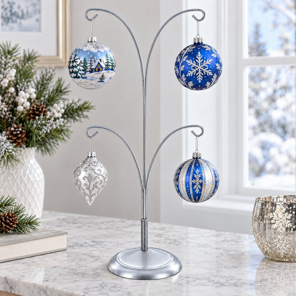 4-Arm Tree Branch Silver Metal Ornament Display Stand 12 Inches
