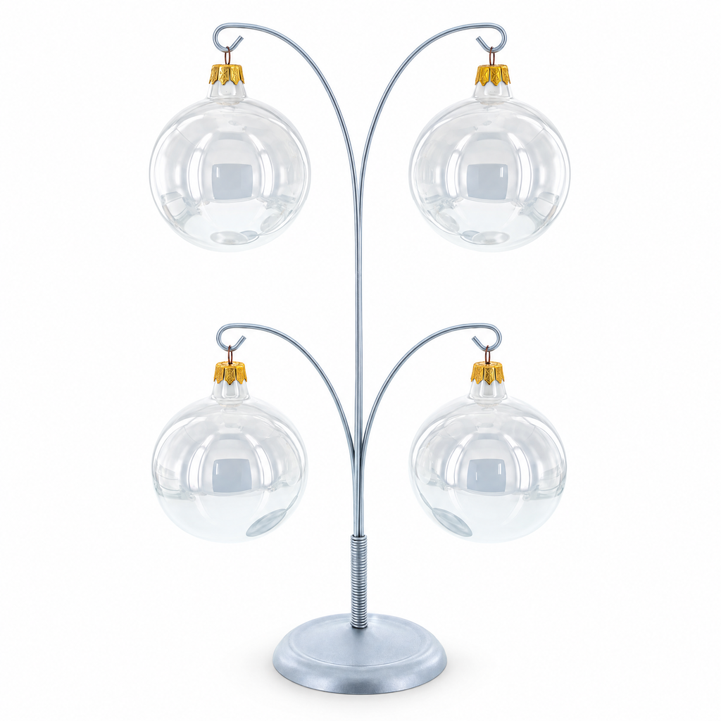 4-Arm Tree Branch Silver Metal Ornament Display Stand 12 Inches