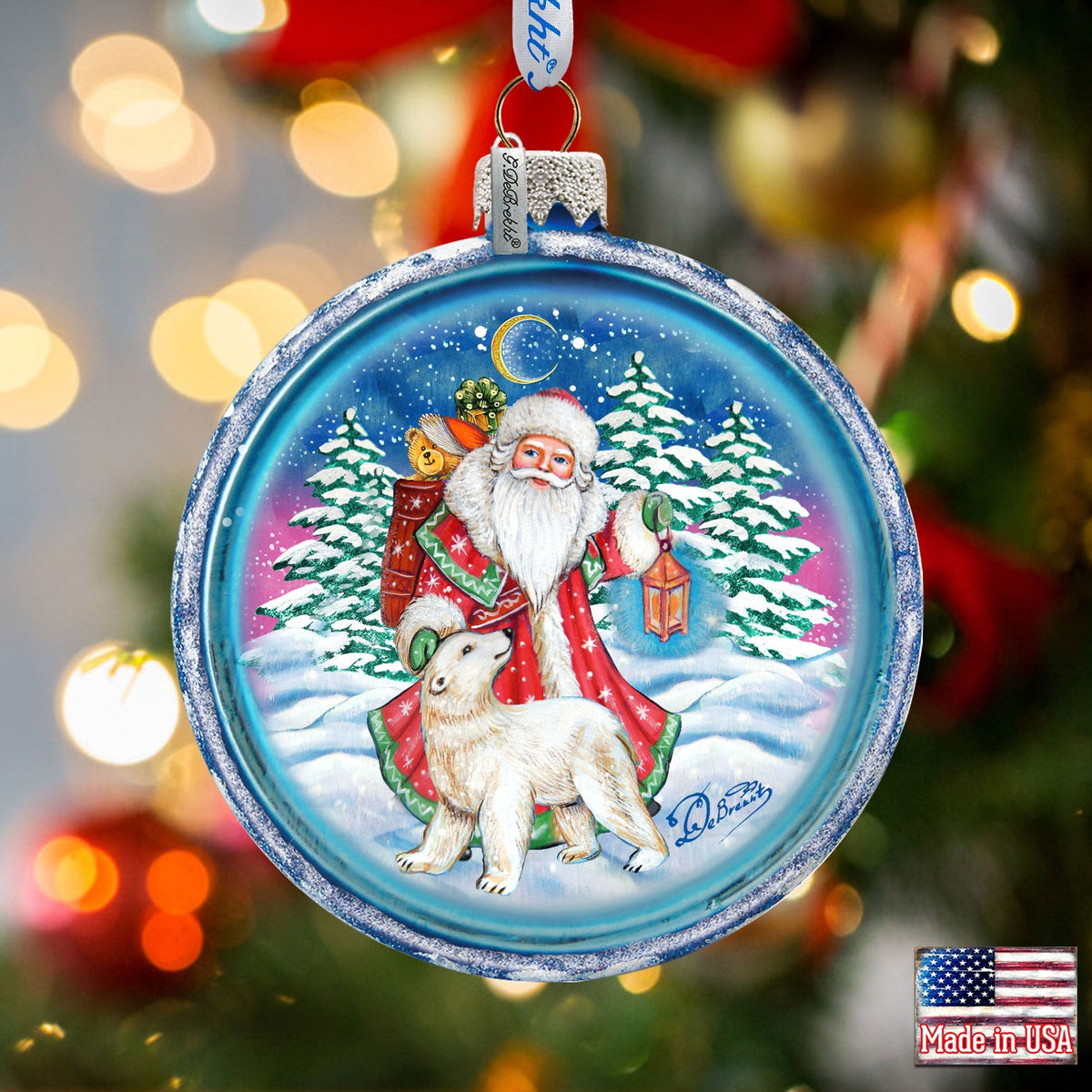 Santa With Polar Bear Cut Ball Glass Ornament by G. DeBrekht - Christmas Santa Snowman Decor - 764-028