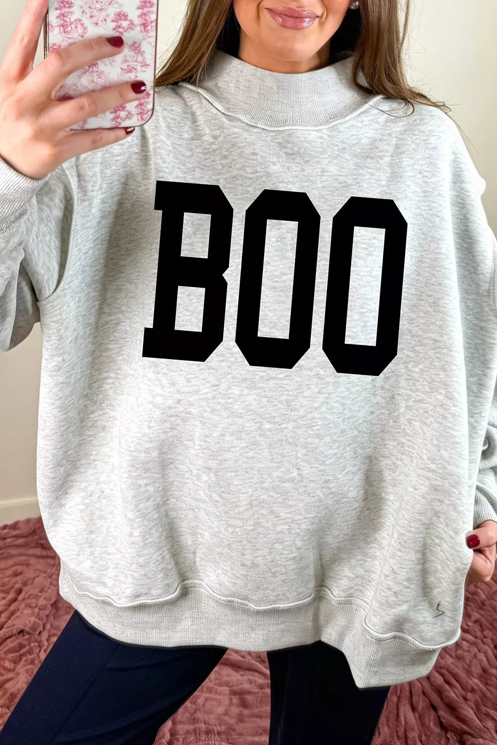 Halloween BOO & Bat Printed Reversible Mock Neck Sweatshirt