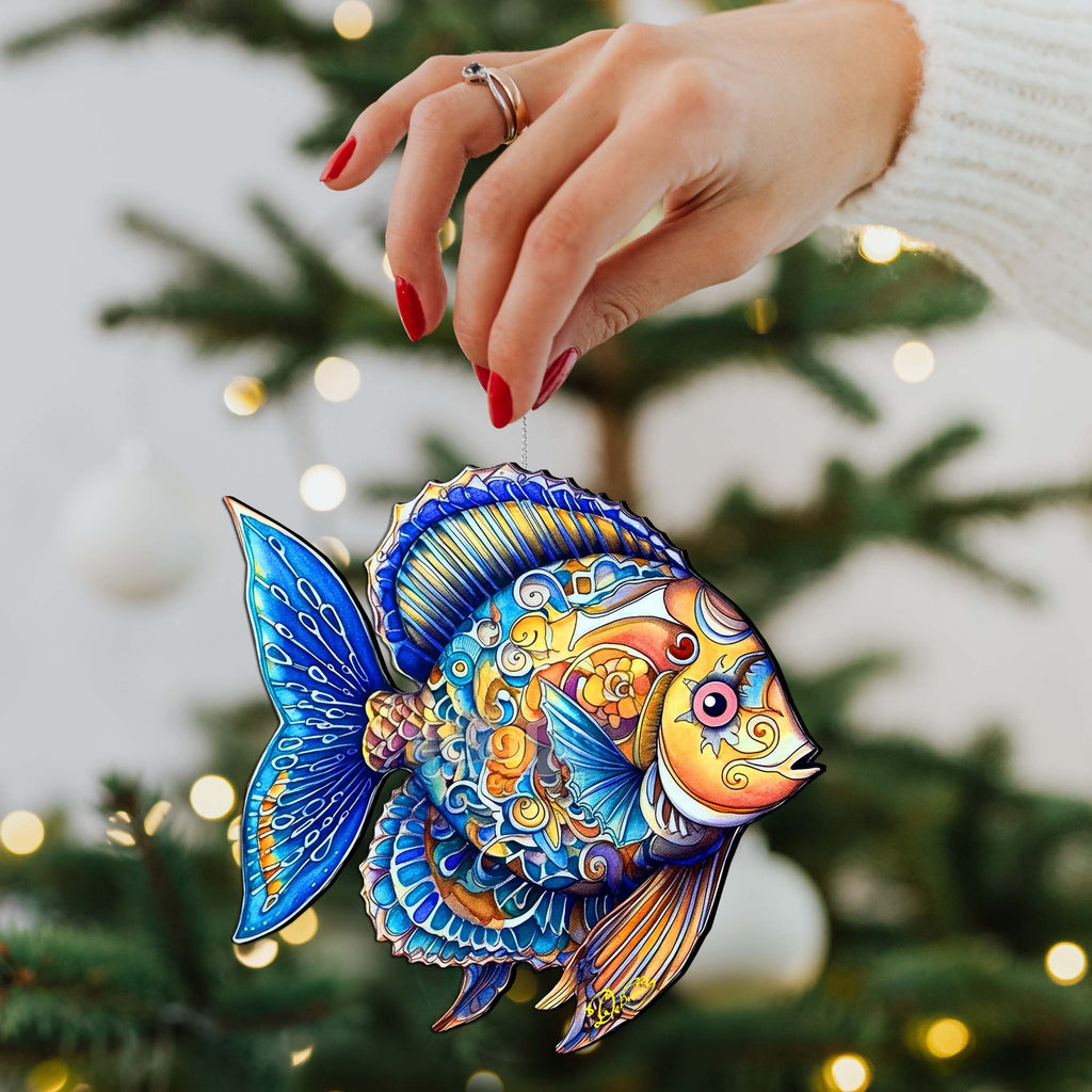 Coastal Christmas Decor - Azure Angel Fish Wooden Ornaments by G.Debrekht Coastal Holiday Decor - 8688303