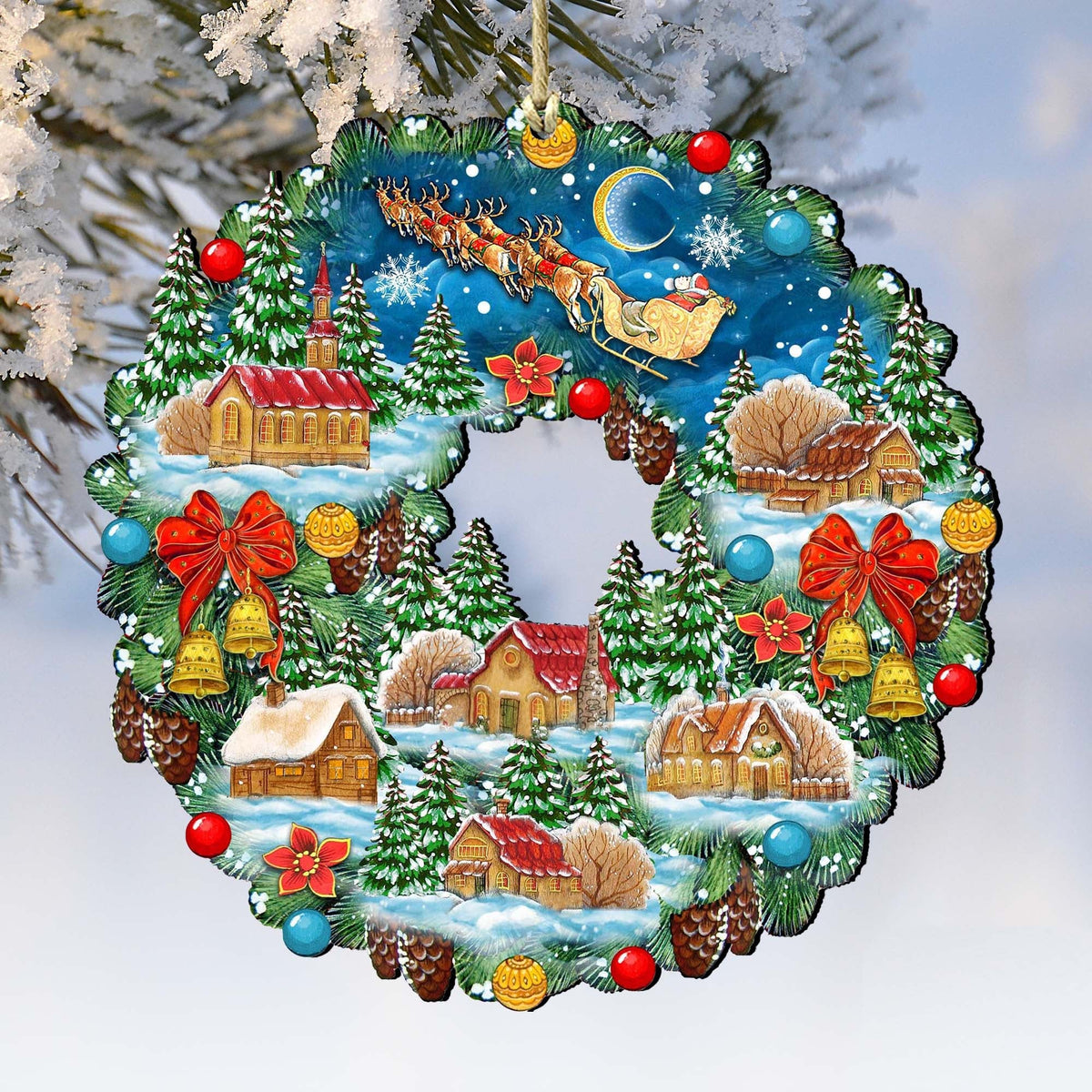 Up-Up Wreath Wooden Ornaments by G. DeBrekht - Christmas Santa Snowman Decor - 8185315