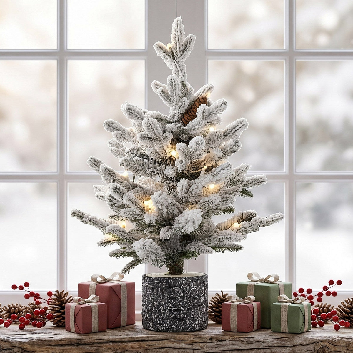 2FT Pre-Lit Flocked Christmas Tree with Pot & Pine Cones