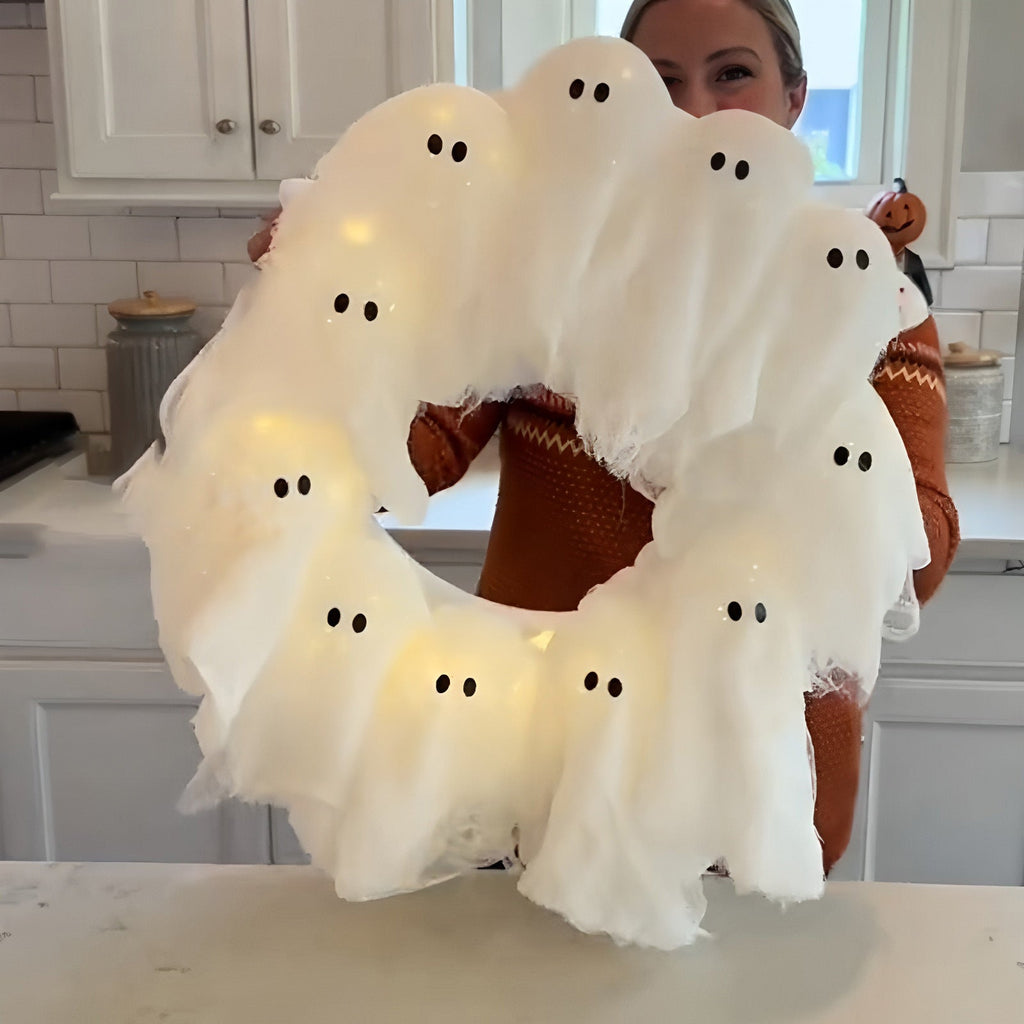 Halloween Decorations Ghost Wreath Cute Ghost Halloween Door Sign For Door Porch Wall Holiday Home Decor Glow Ghost Lights