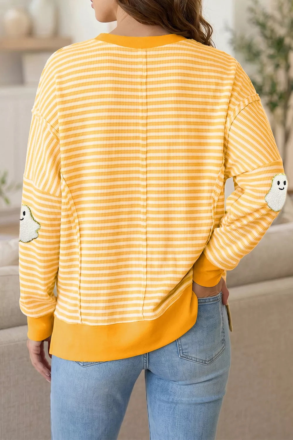Stripe Halloween Ghost Patch Round Neck Long Sleeve Top