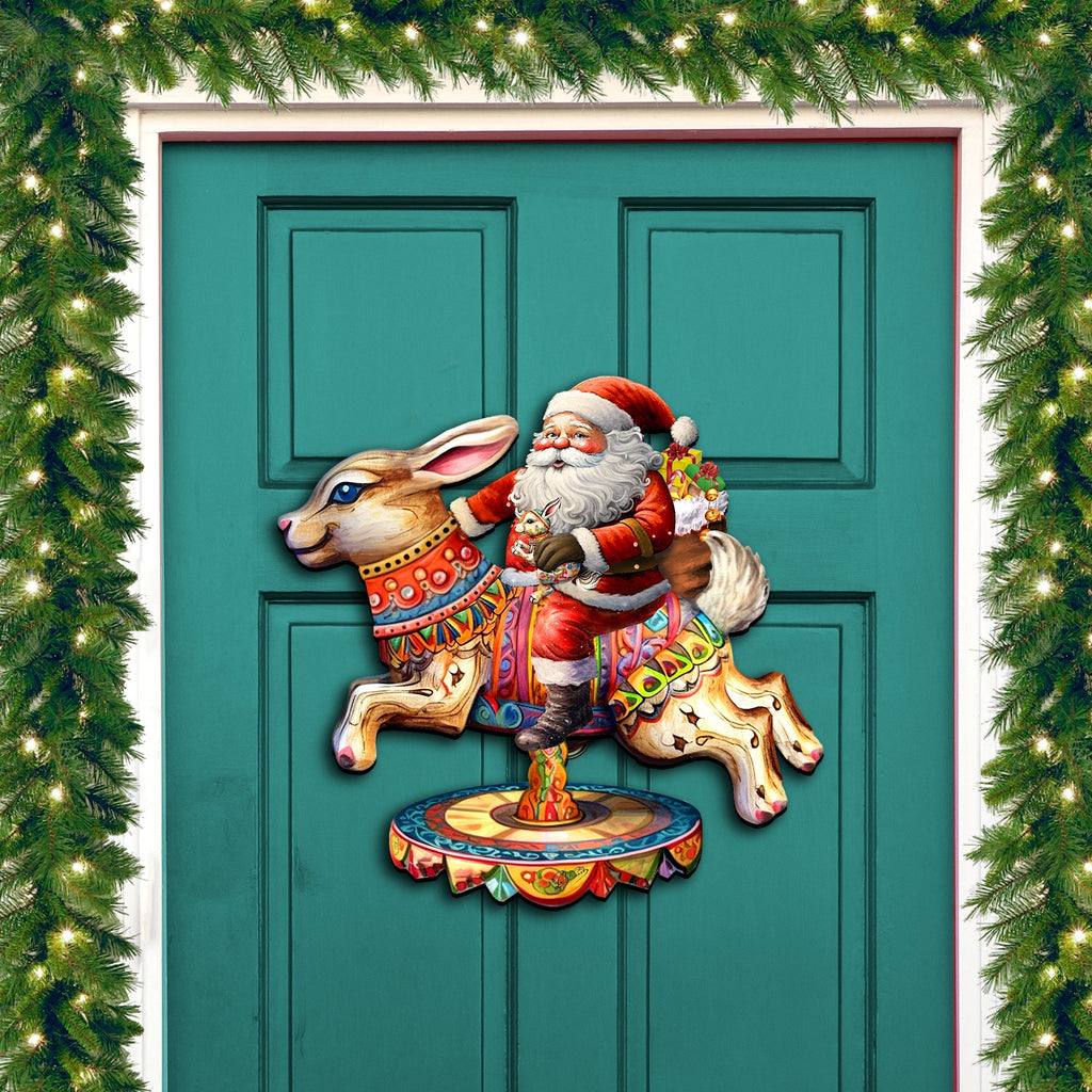 Santa Claus on Bunny Carousel Holiday Door Decor by G. Debrekht - Christmas Santa Snowman Decor - 8611067H