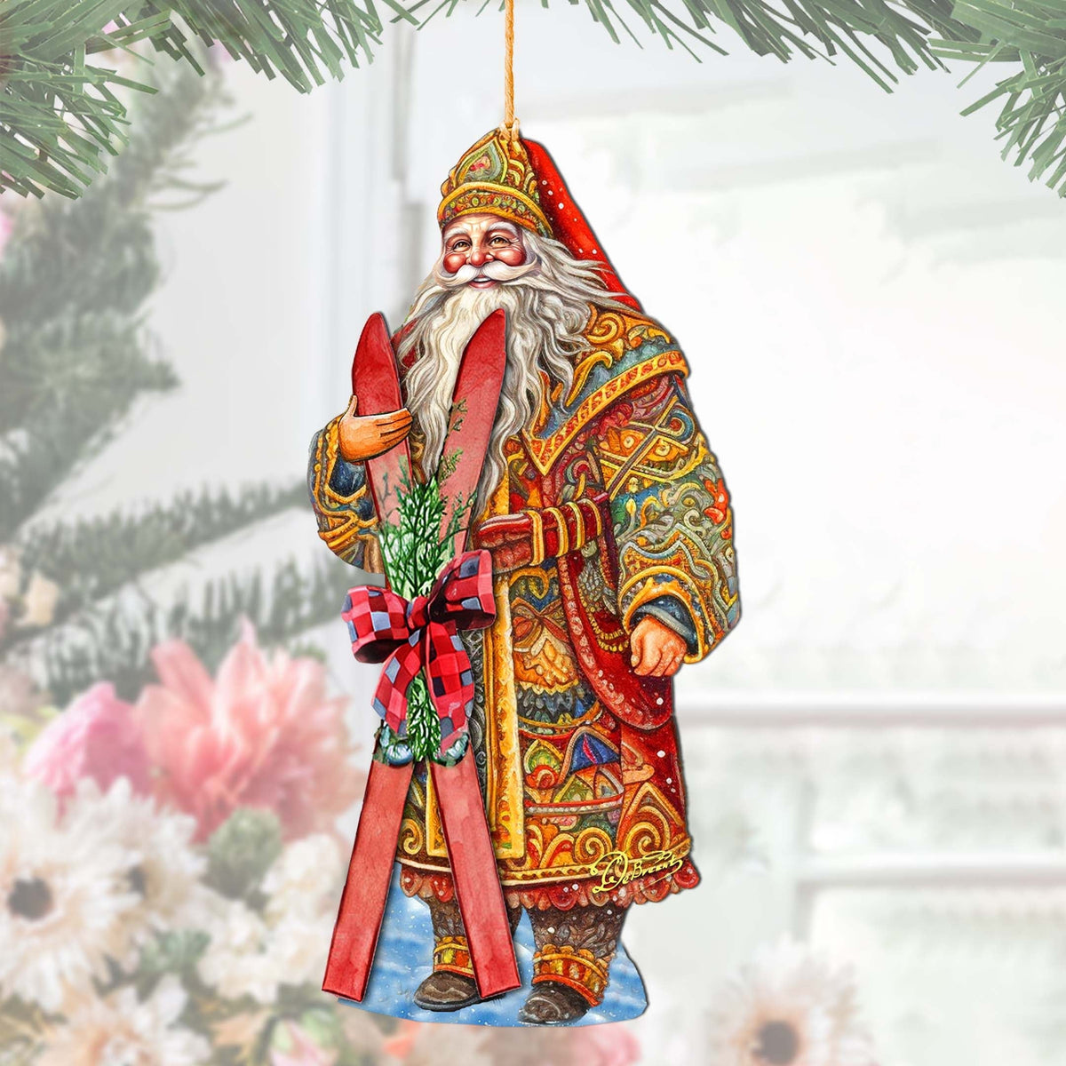 Santa's Skiing Adventure Wooden Ornaments by G. Debrekht - Christmas Santa Snowman Decor - 8691403