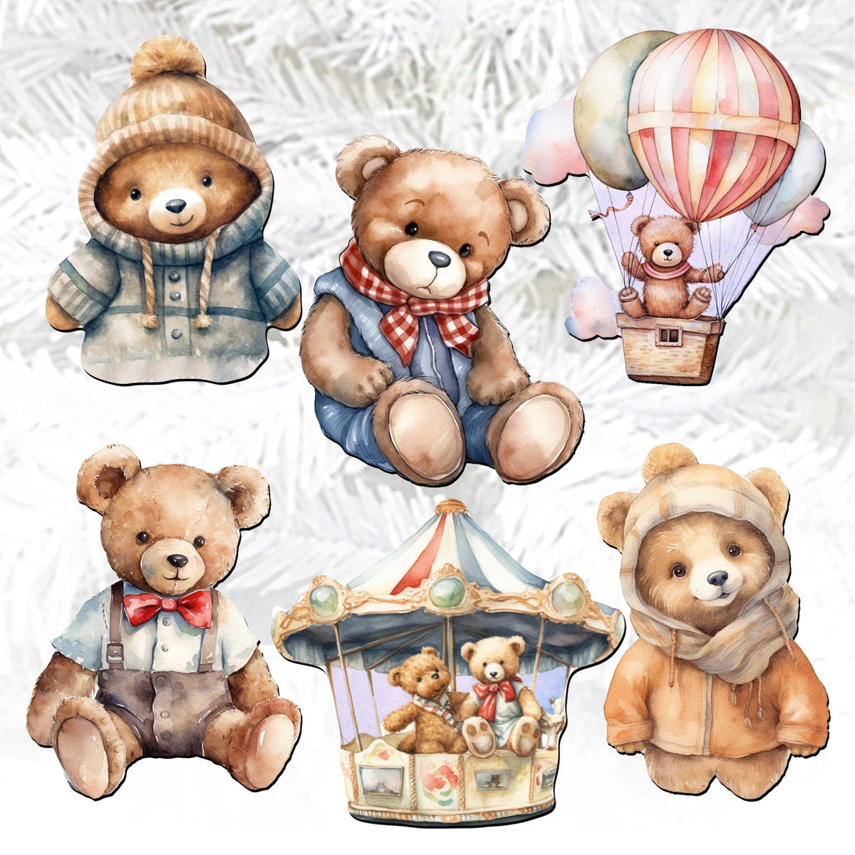 Teddy Bear Clip-On Eco Wood Decorative Ornaments Set of 6 by G. Debrekht - Christmas Decor - 8090025C-S6