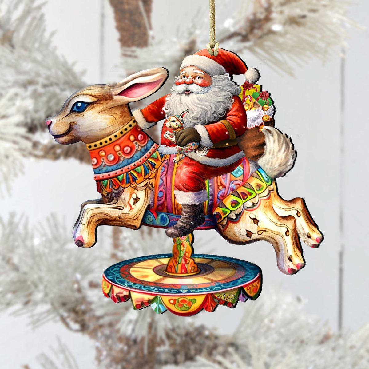 Santa Claus on Bunny Carousel Wooden Ornaments by G. Debrekht Christmas Santa Snowman Decor - 8611067