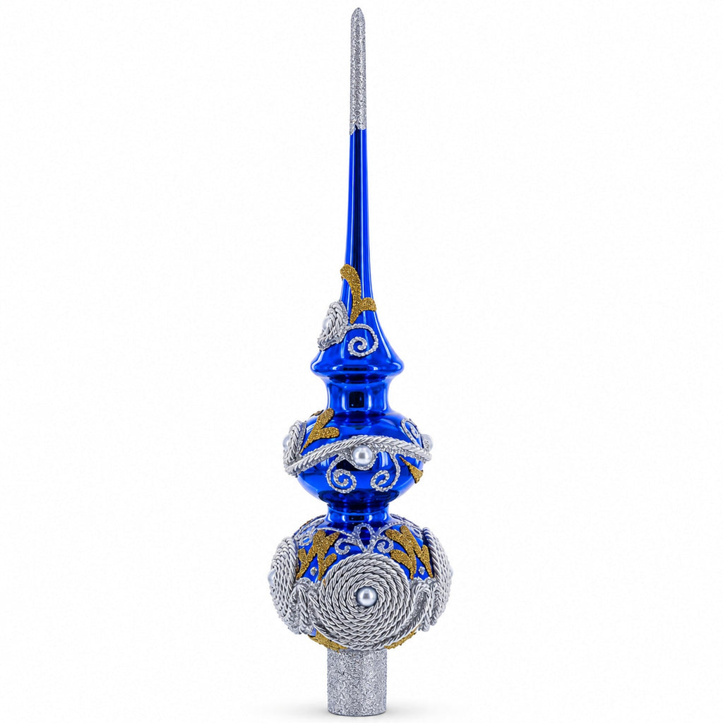 Pearls and Twisted Rope on Double Ball Blue Glass Christmas Tree Topper 12.5 Inches