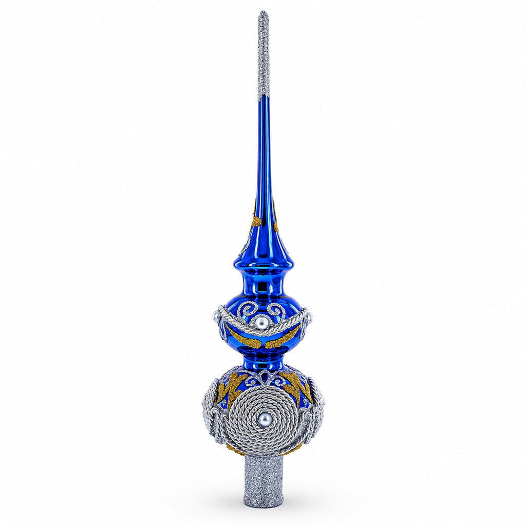 Pearls and Twisted Rope on Double Ball Blue Glass Christmas Tree Topper 12.5 Inches