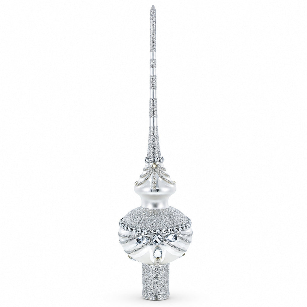 Dimensional White Jewels on White Glass Christmas Tree Topper 11 Inches