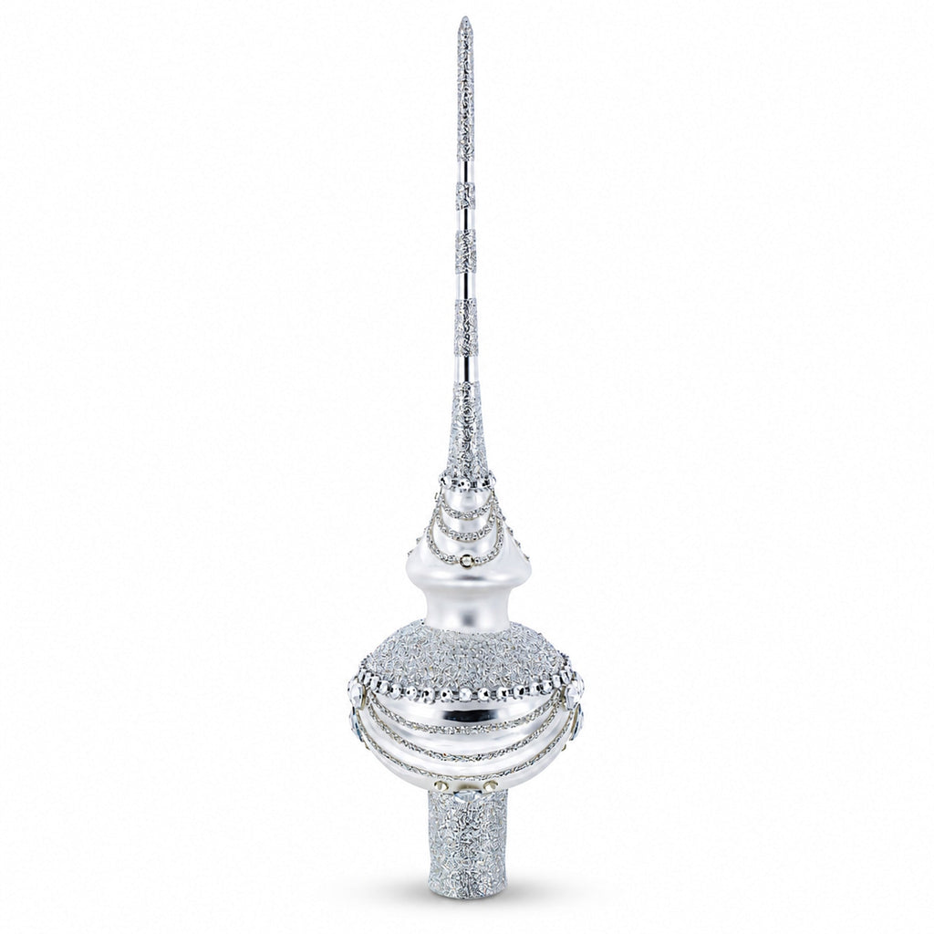 Dimensional White Jewels on White Glass Christmas Tree Topper 11 Inches