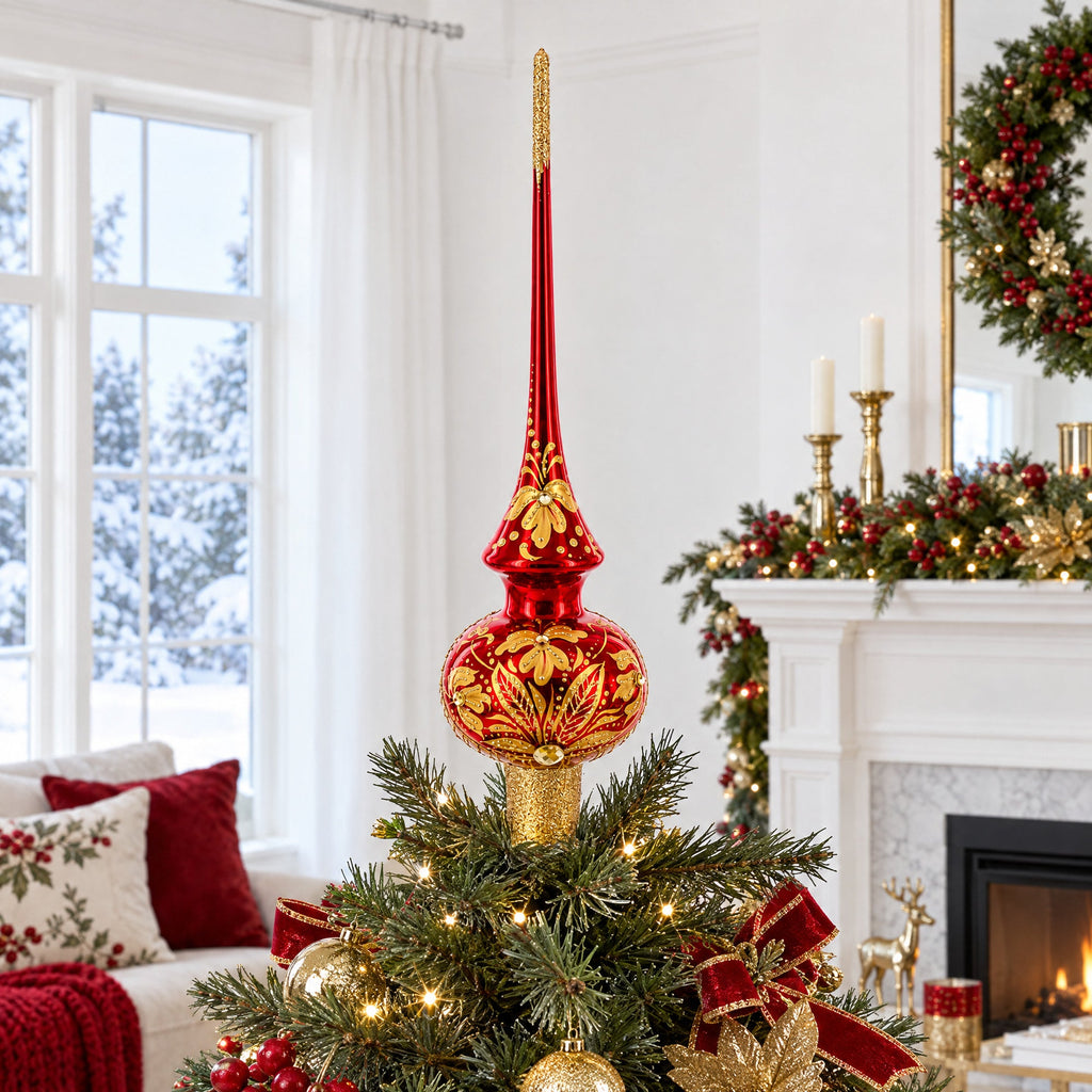 Golden Flowers Bouquet on Glossy Red Glass Christmas Tree Topper 11 Inches
