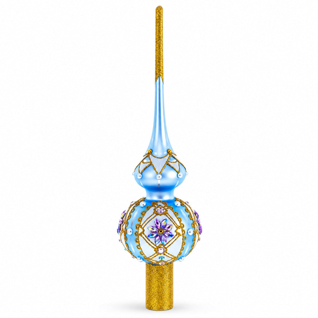 Elegant Blue and Purple Jewel-Encrusted Glass  Tree Topper 11 Inches