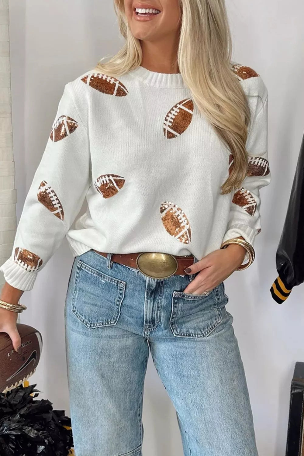 Sequin Football Print Round Neck Long Sleeve Loose Fit Sweater