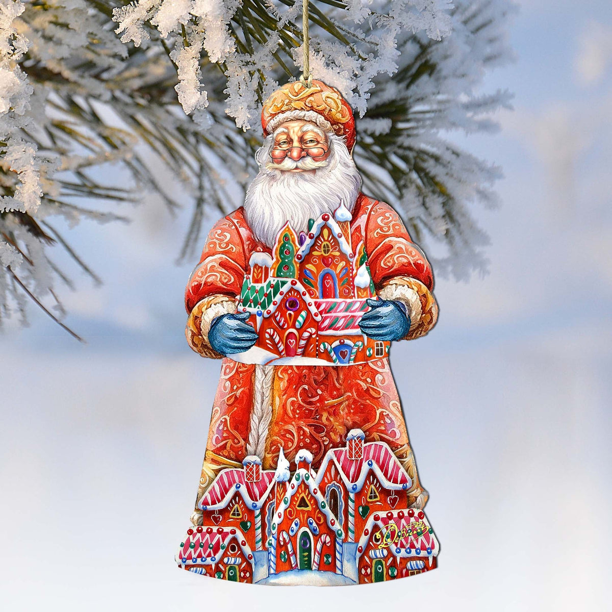 Santa and the Gingerbread House Wooden Ornaments by G. Debrekht - Christmas Santa Snowman Decor - 8691404