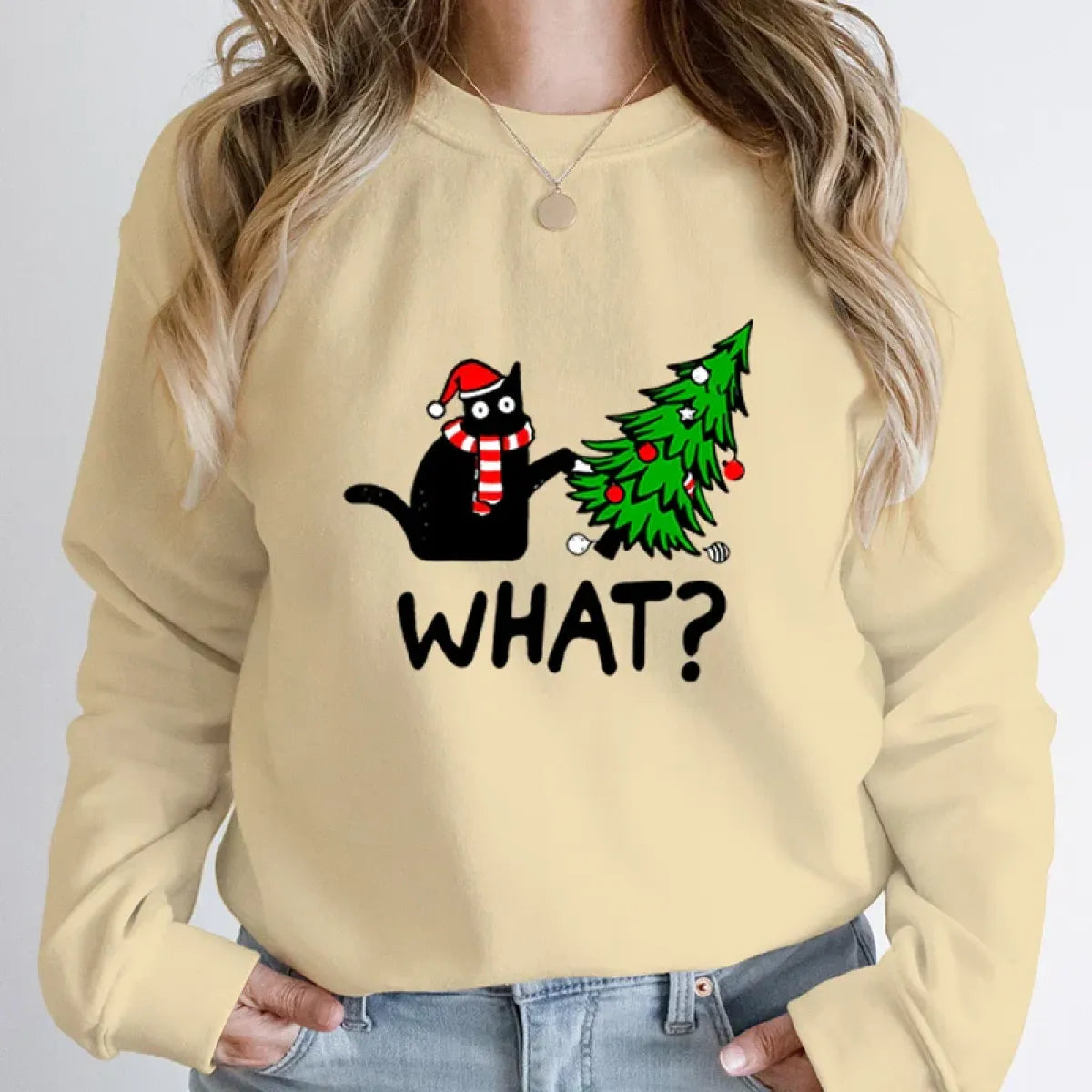"What?" Black Cat Christmas Tree Sweatshirt