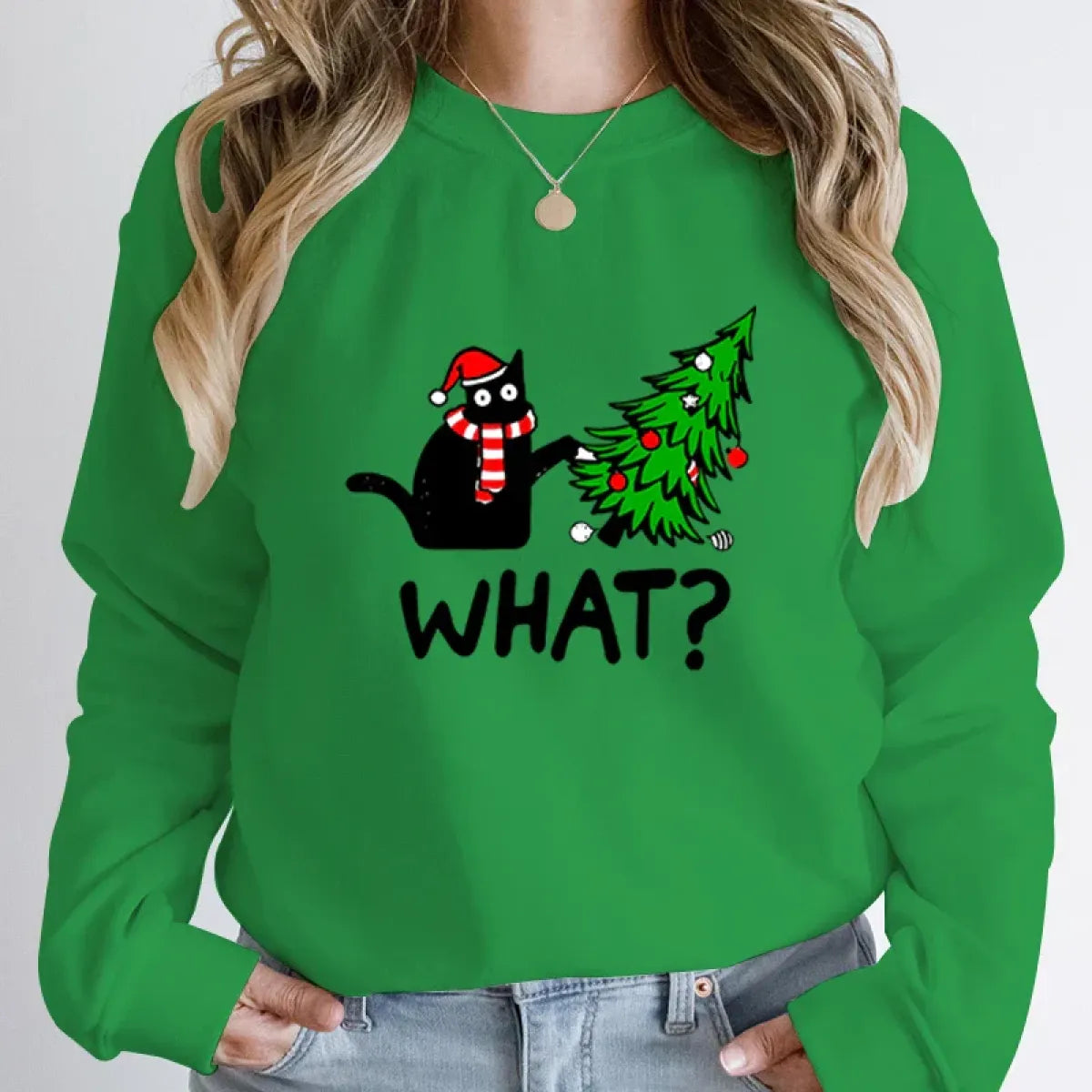 "What?" Black Cat Christmas Tree Sweatshirt